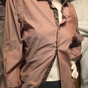 Salmon Button-Up Shirt with Leopard Trim